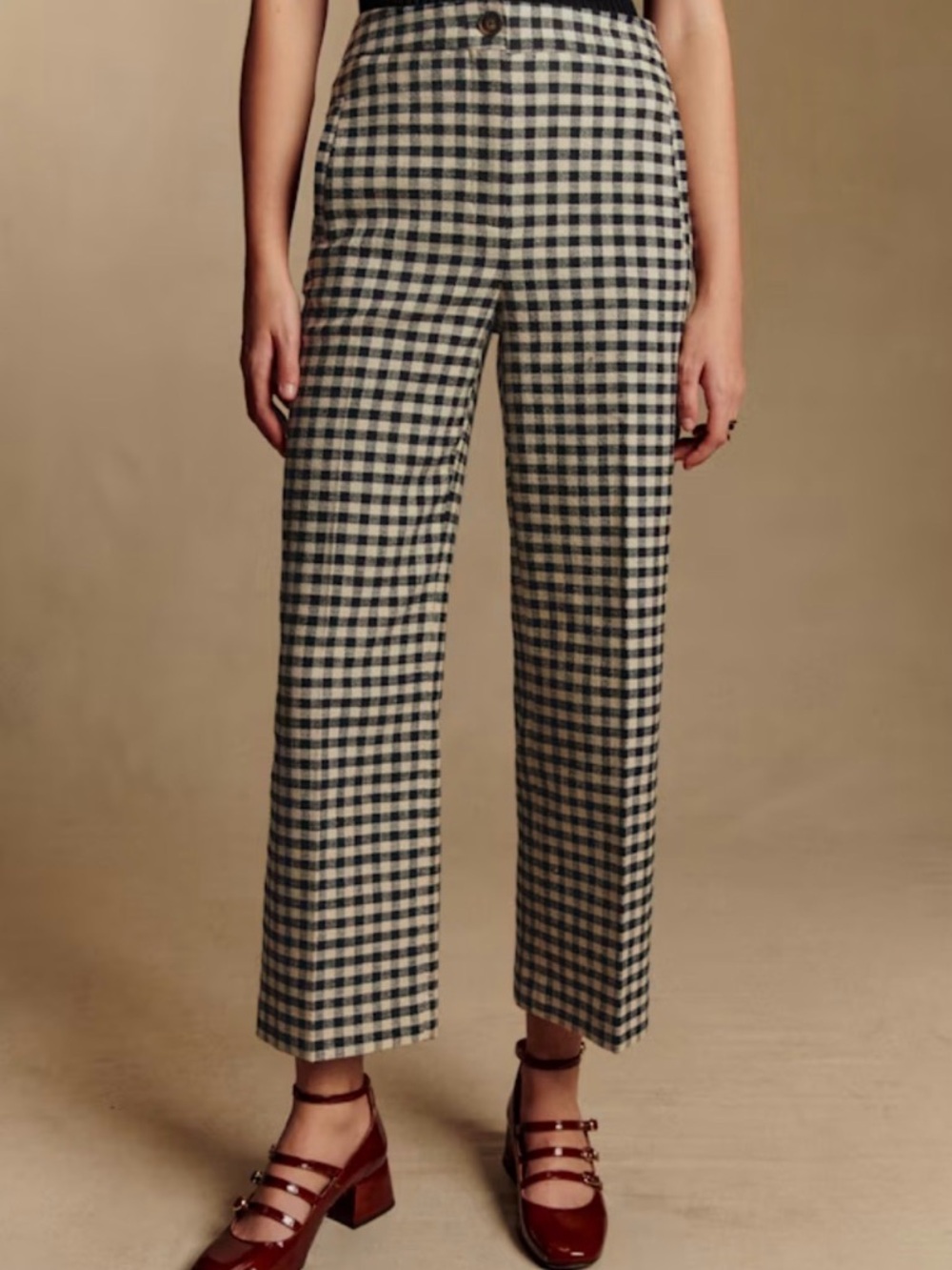 Sezane Black & Cream Gingham Cropped Straight Pants